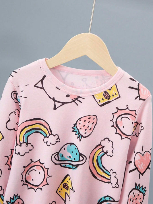 SHEIN طقم بيجامة بنات قطني 2 قطعة بطبعة كوكب كرتونية