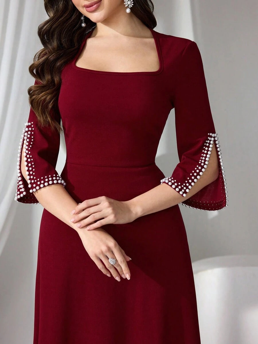 SHEIN فستان ماكسي أنيق عنابي أنيق مطرز بستايل راقي
