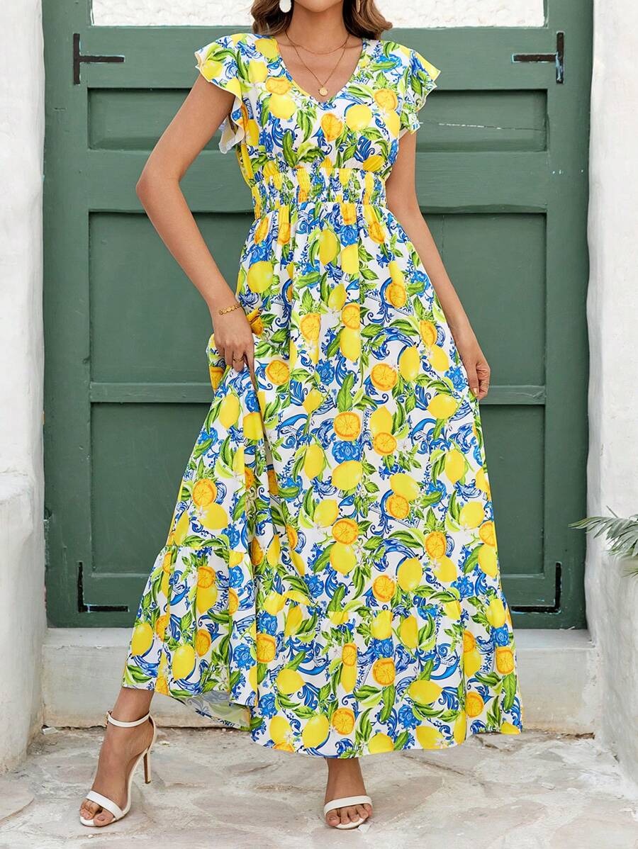 SHEIN فستان أصفر بطبعة فواكه وقصة كشكش