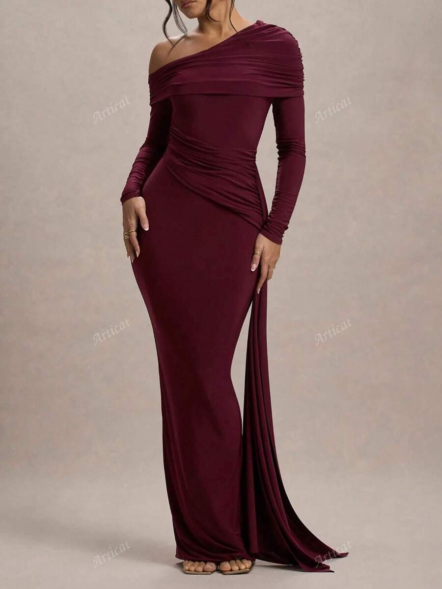 SHEIN Articat فستان طويل وضيق بلون عنابي