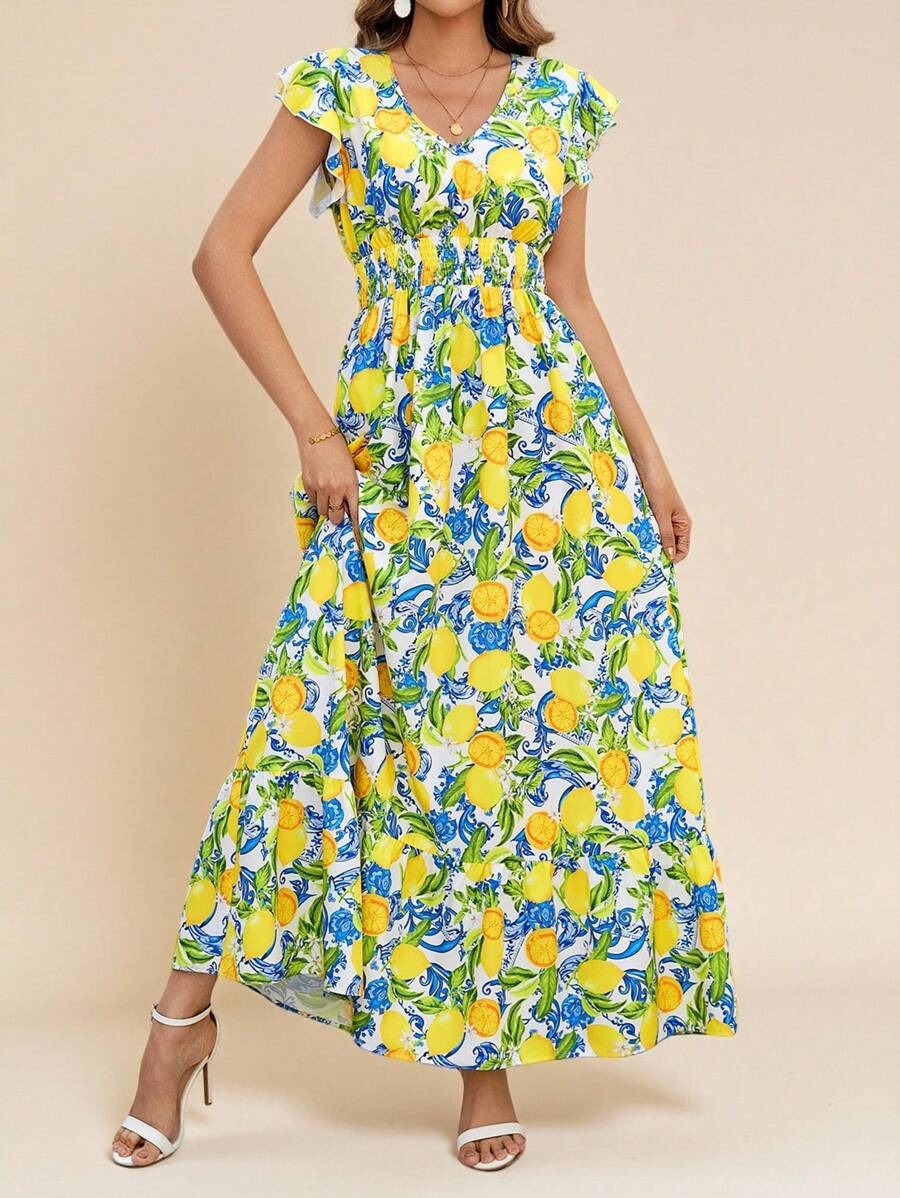 SHEIN Amorya فستان مطبوع بالكامل برسومات فواكه ونباتات