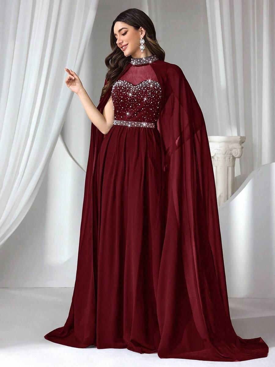 SHEIN Coutiva فستان سهرة ماكسي أنيق مزين بالراين والخرز بلون أحمر