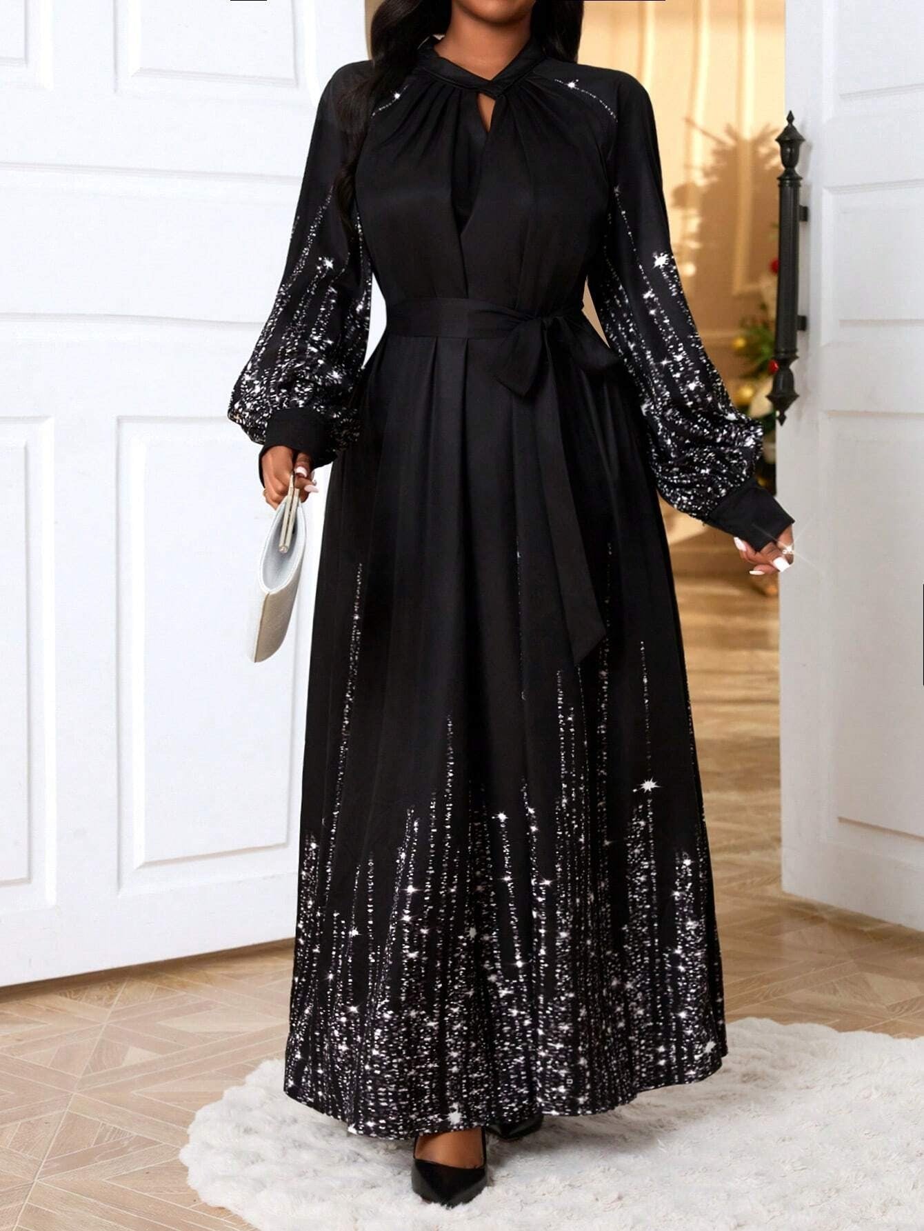 SHEIN Fleurora فستان كبير بأكمام طويلة وياقة مفتاح