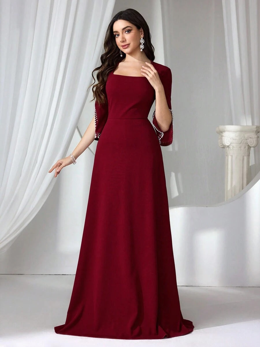 SHEIN فستان ماكسي أنيق عنابي أنيق مطرز بستايل راقي