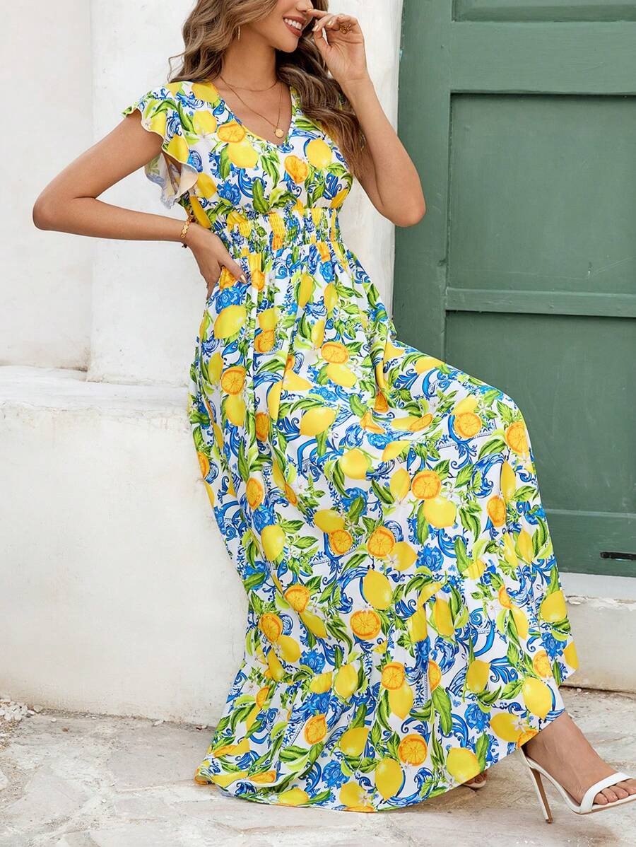 SHEIN فستان أصفر بطبعة فواكه وقصة كشكش
