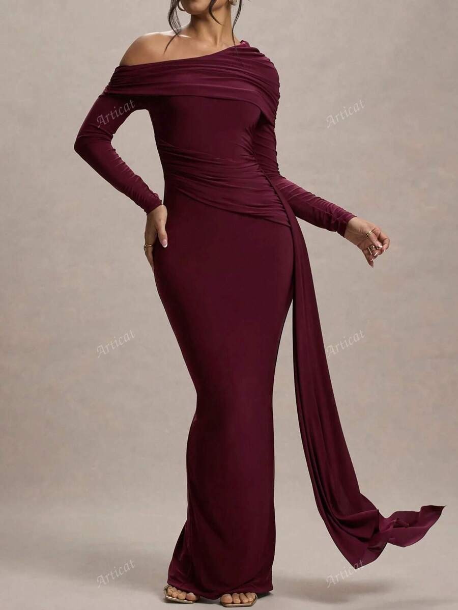 SHEIN Articat فستان طويل وضيق بلون عنابي