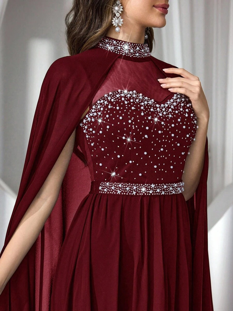 SHEIN Coutiva فستان سهرة ماكسي أنيق مزين بالراين والخرز بلون أحمر