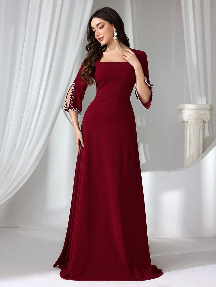 SHEIN فستان ماكسي أنيق عنابي أنيق مطرز بستايل راقي