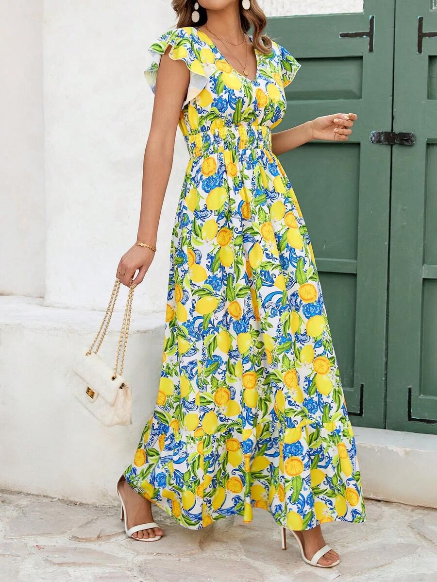 SHEIN فستان أصفر بطبعة فواكه وقصة كشكش
