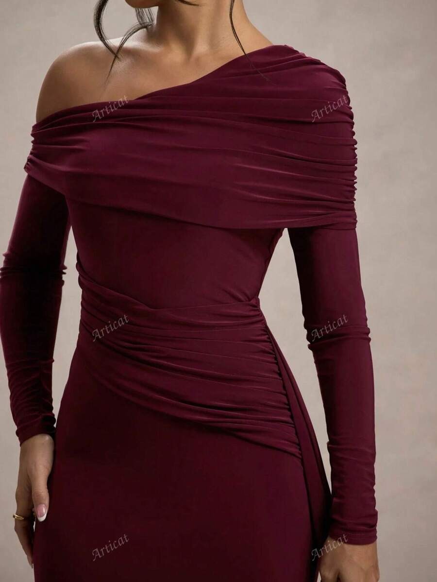 SHEIN Articat فستان طويل وضيق بلون عنابي