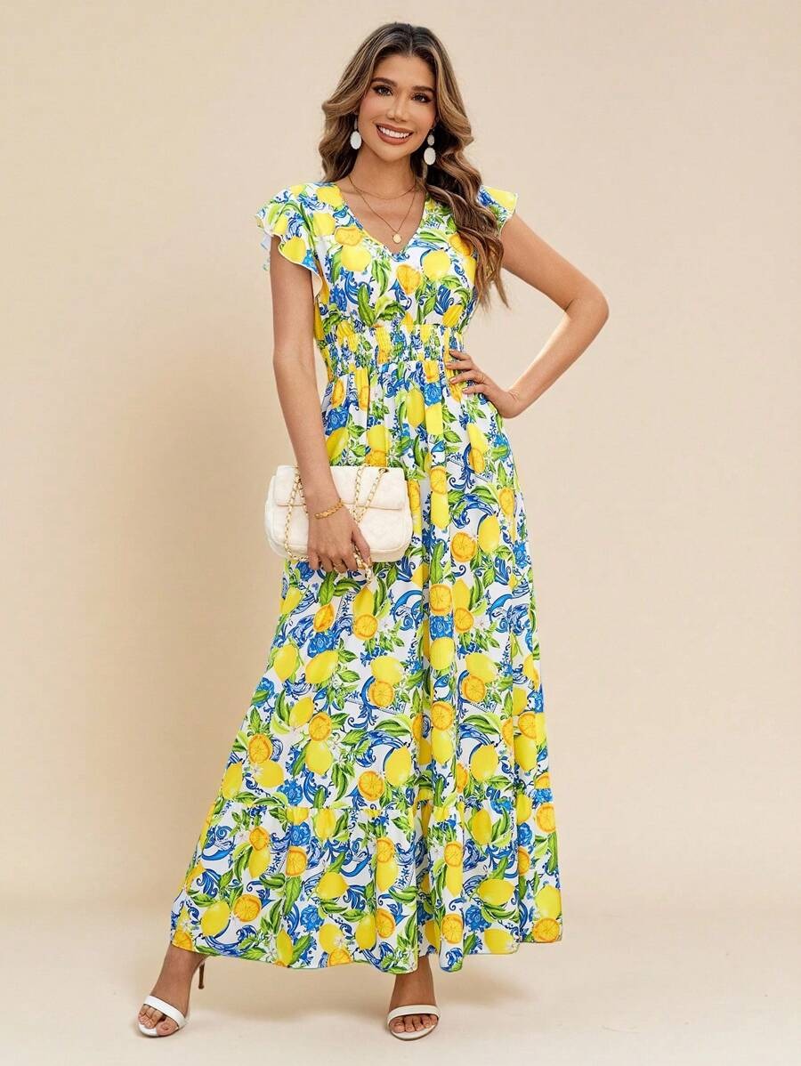 SHEIN Amorya فستان مطبوع بالكامل برسومات فواكه ونباتات