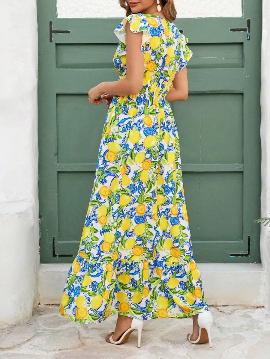 SHEIN فستان أصفر بطبعة فواكه وقصة كشكش