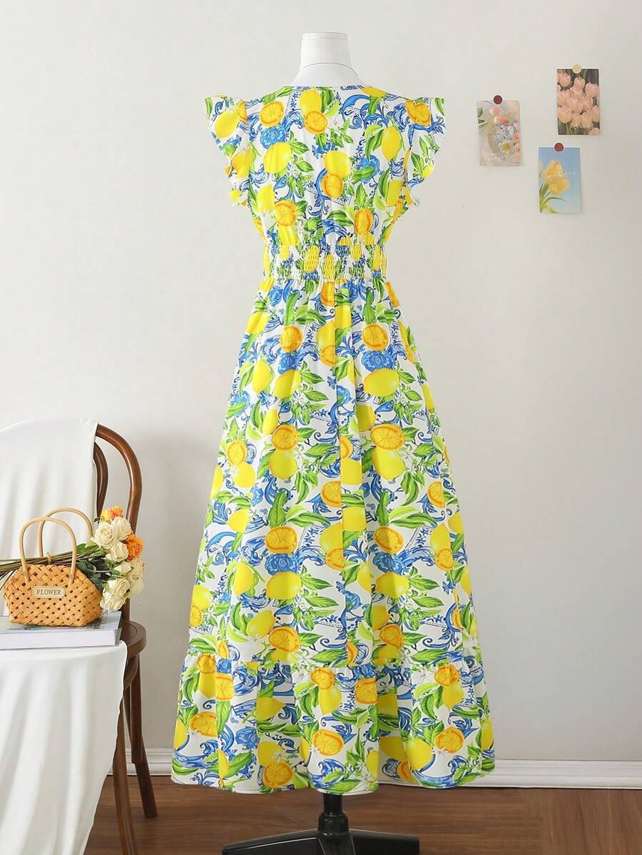 SHEIN Amorya فستان مطبوع بالكامل برسومات فواكه ونباتات