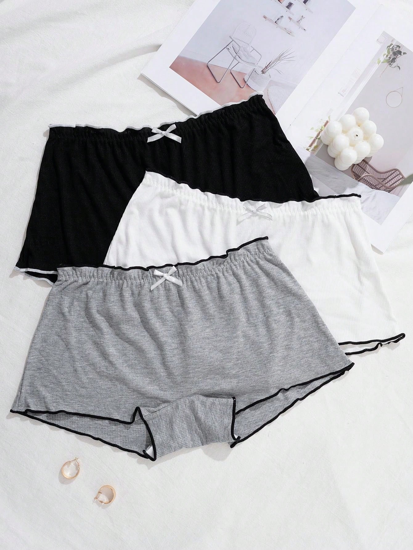 SHEIN طقم 3 سراويل داخلية بوي شورتس بشريط مكشكش