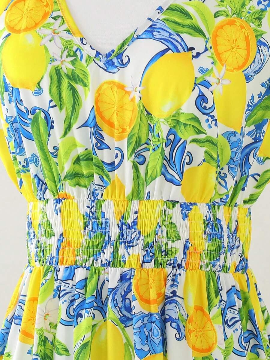 SHEIN Amorya فستان مطبوع بالكامل برسومات فواكه ونباتات
