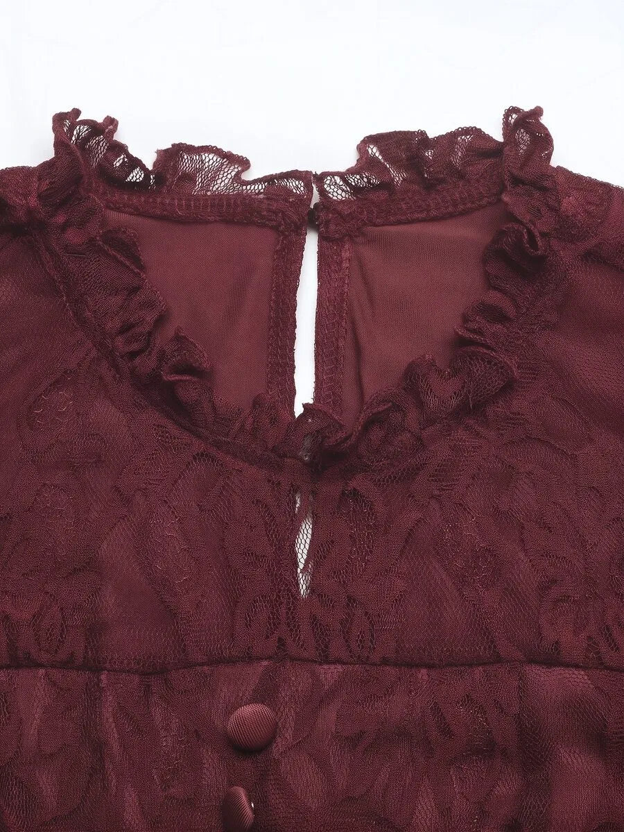 SHEIN Feyla فستان محبوك طويل بياقة مفتوحة وأكمام واسعة وتفاصيل دانتيل بلون عنابي