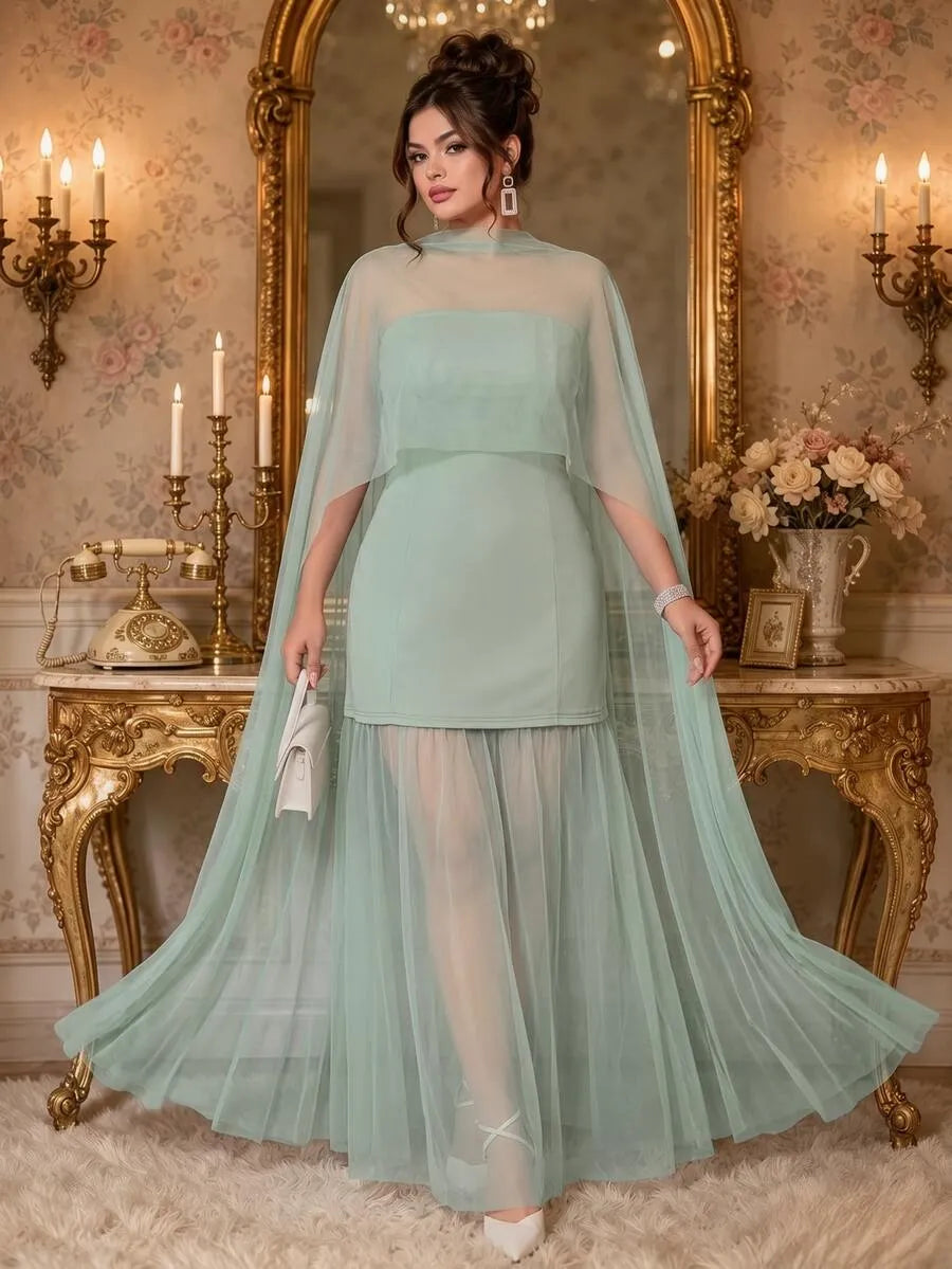 SHEIN Roveilla فستان نسائي من الشبك بوشاح وبدون أكمام بلون أخضر نعناع