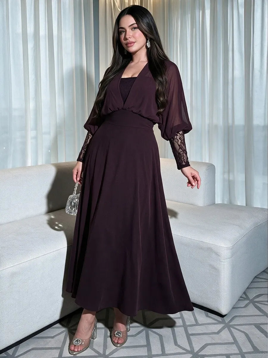 SHEIN Modelyn فستان نسائي بياقة وأكمام دانتيل بلون أحمر بنفسجي