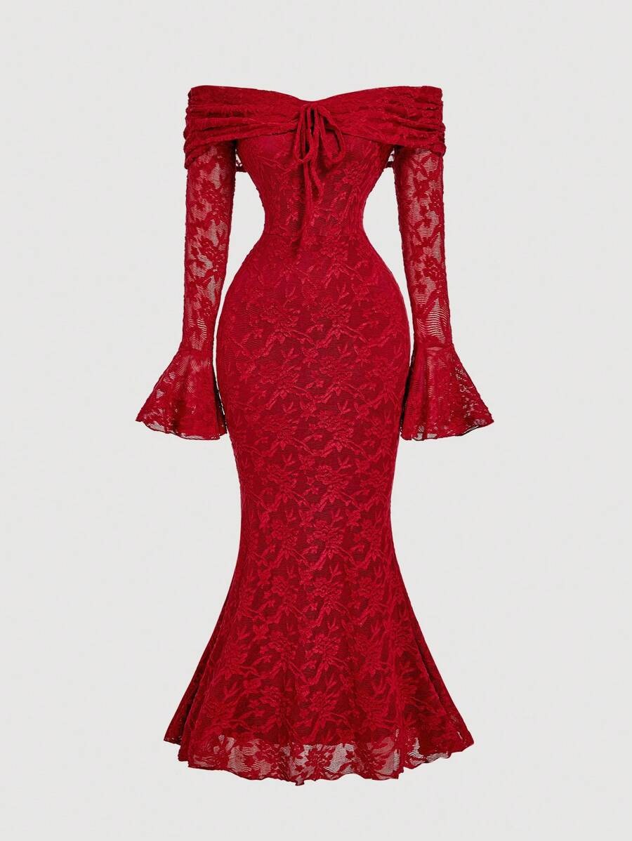 SHEIN MOD فستان احمر ضيق بأكمام طويلة مكشوف الكتف