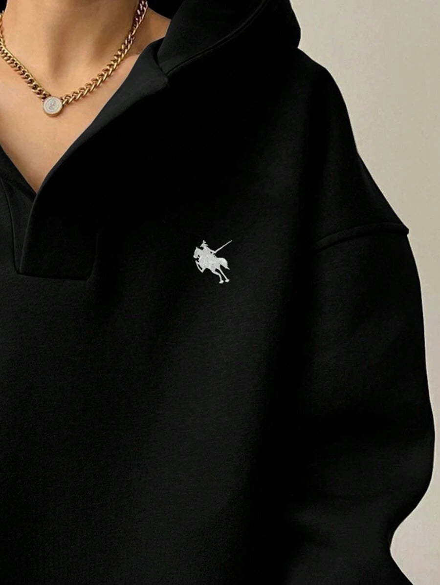 SHEIN INAWLY هودي أسود كاجوال بتطريز بأكمام طويلة