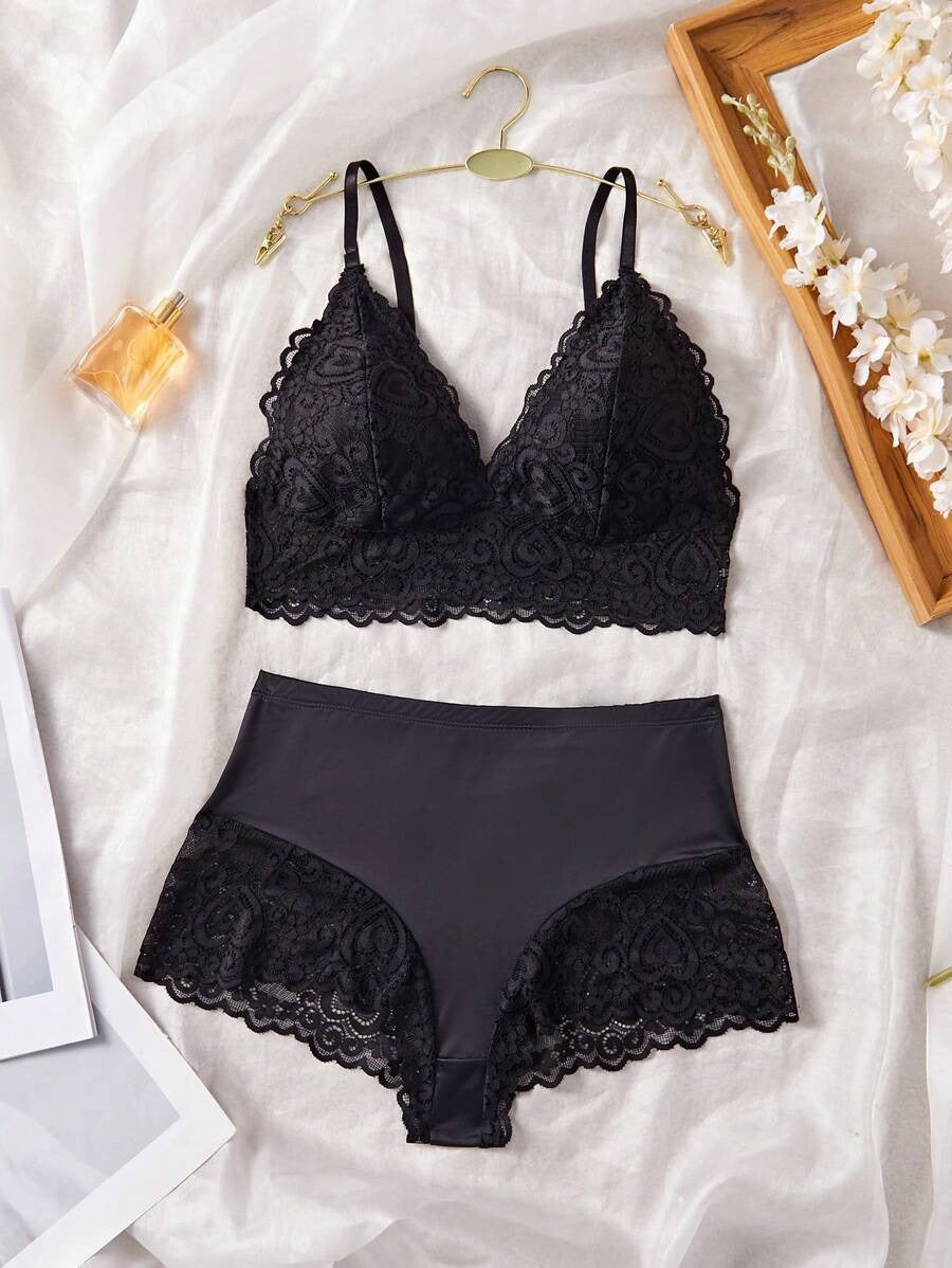 SHEIN طقم لانجري دانتيل فرنسي أنيق من قطعتين أسود كلاسيكي