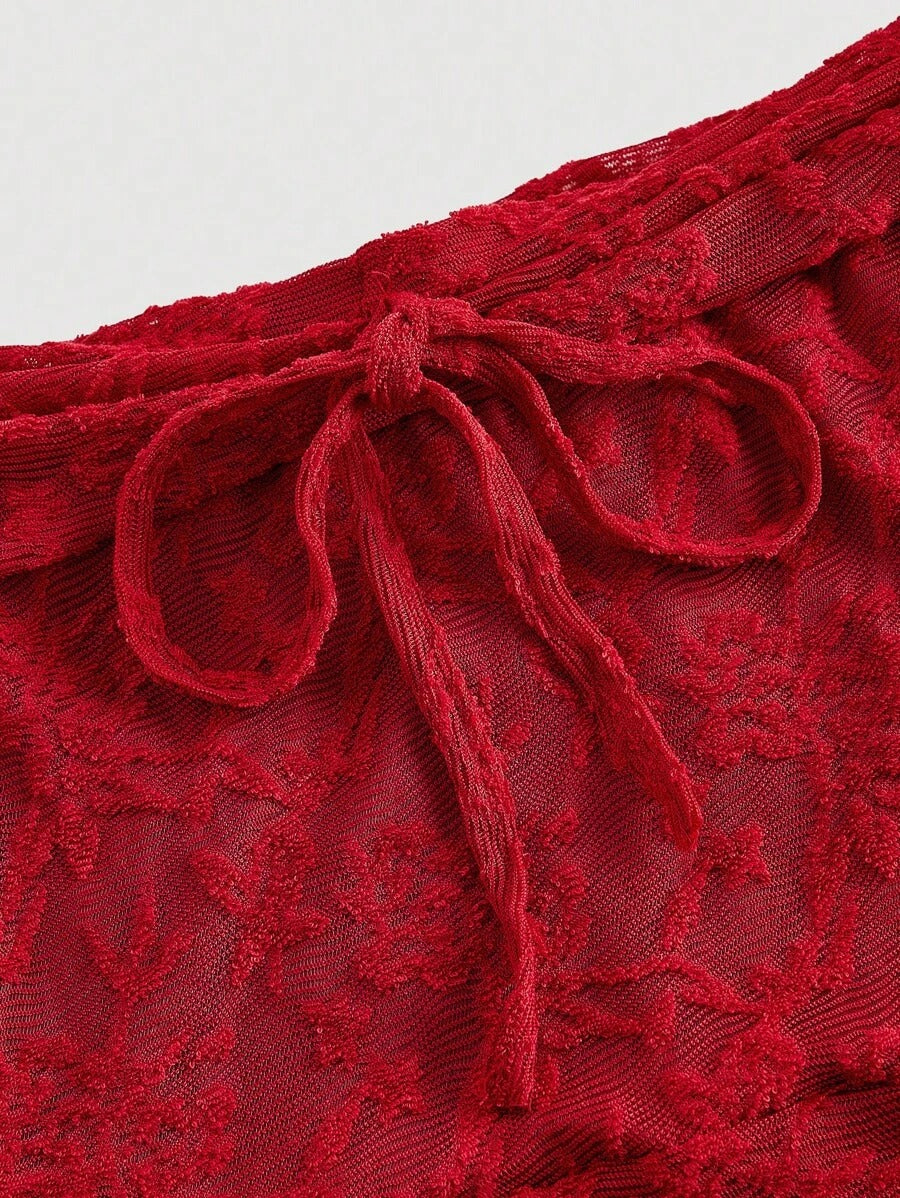 SHEIN MOD فستان احمر ضيق بأكمام طويلة مكشوف الكتف