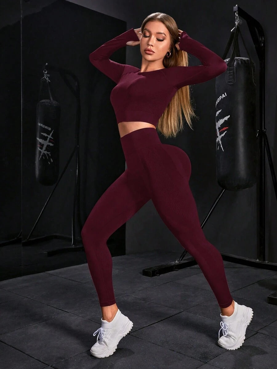 SHEIN Powerista طقم رياضي من قطعتين بلون عنابي
