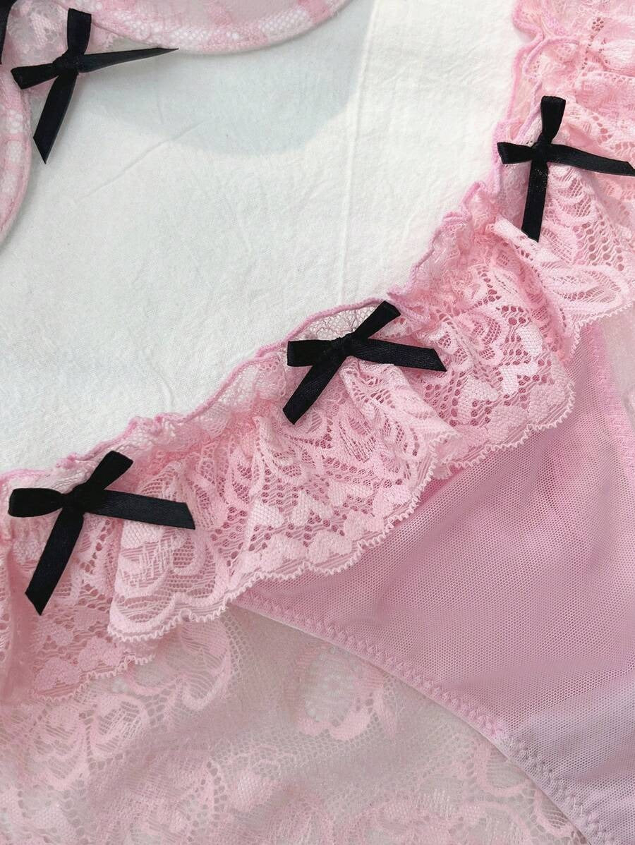 SHEIN DelicateAllure طقم داخلي من قطعتين بتطريز الدانتيل وردي