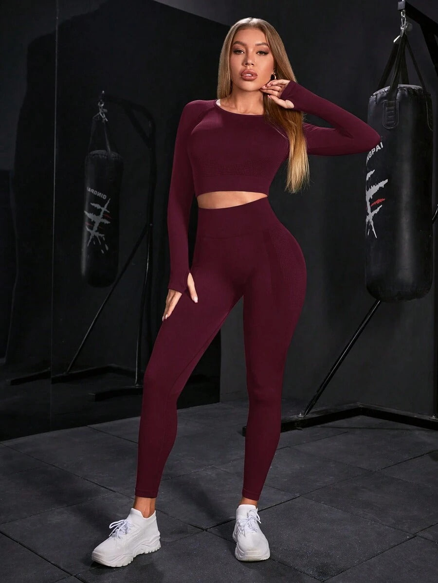 SHEIN Powerista طقم رياضي من قطعتين بلون عنابي