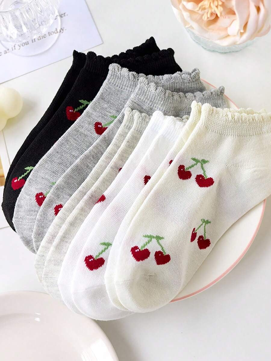SHEIN جوارب كاحل نسائية 5 أزواج بزهر الكرز