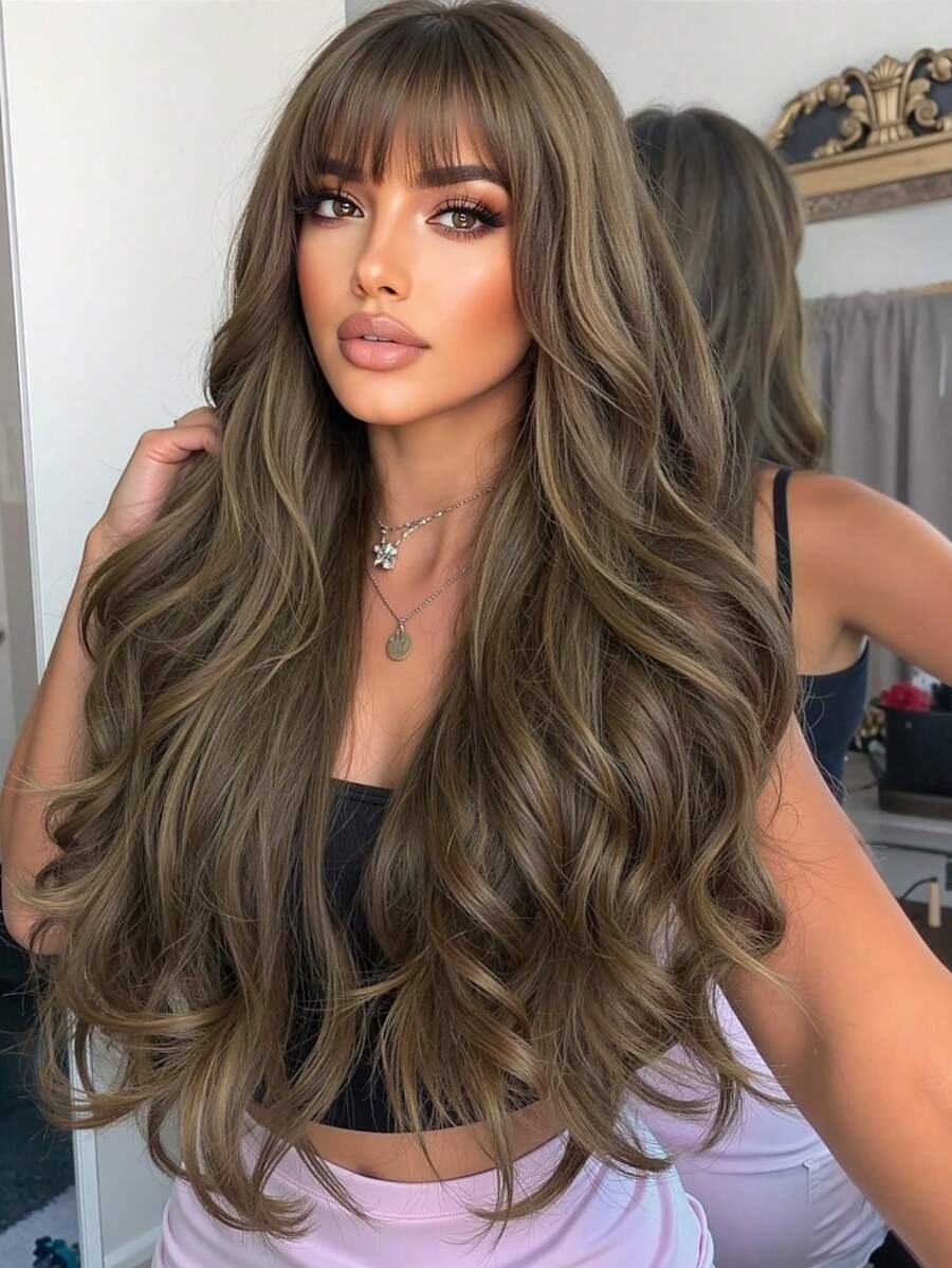 SHEIN باروكة شعر بني مجعد غرة أمامية ولمسة طبيعية ناعمة
