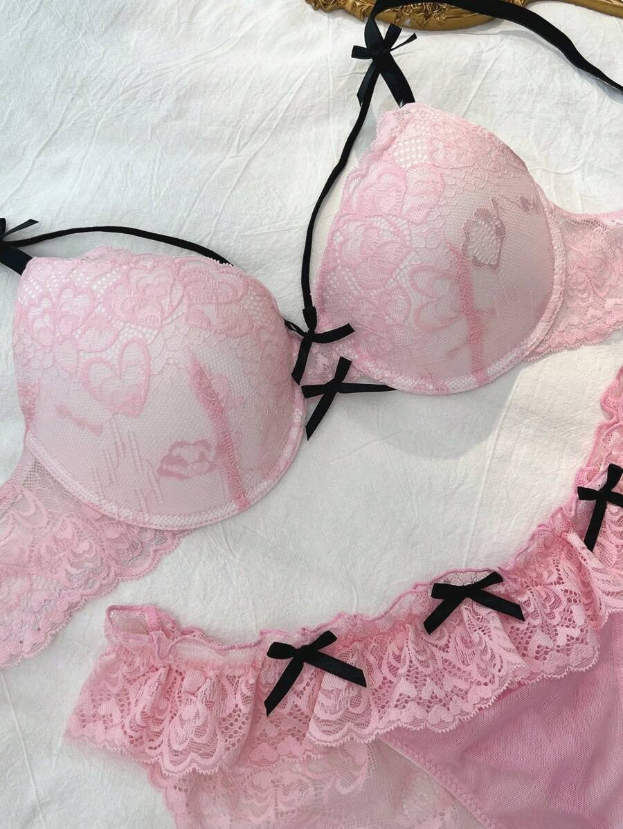 SHEIN DelicateAllure طقم داخلي من قطعتين بتطريز الدانتيل وردي