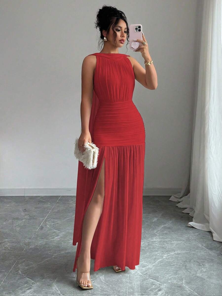 SHEIN Elenzga فستان احمر بدون أكمام بظهر مفتوح