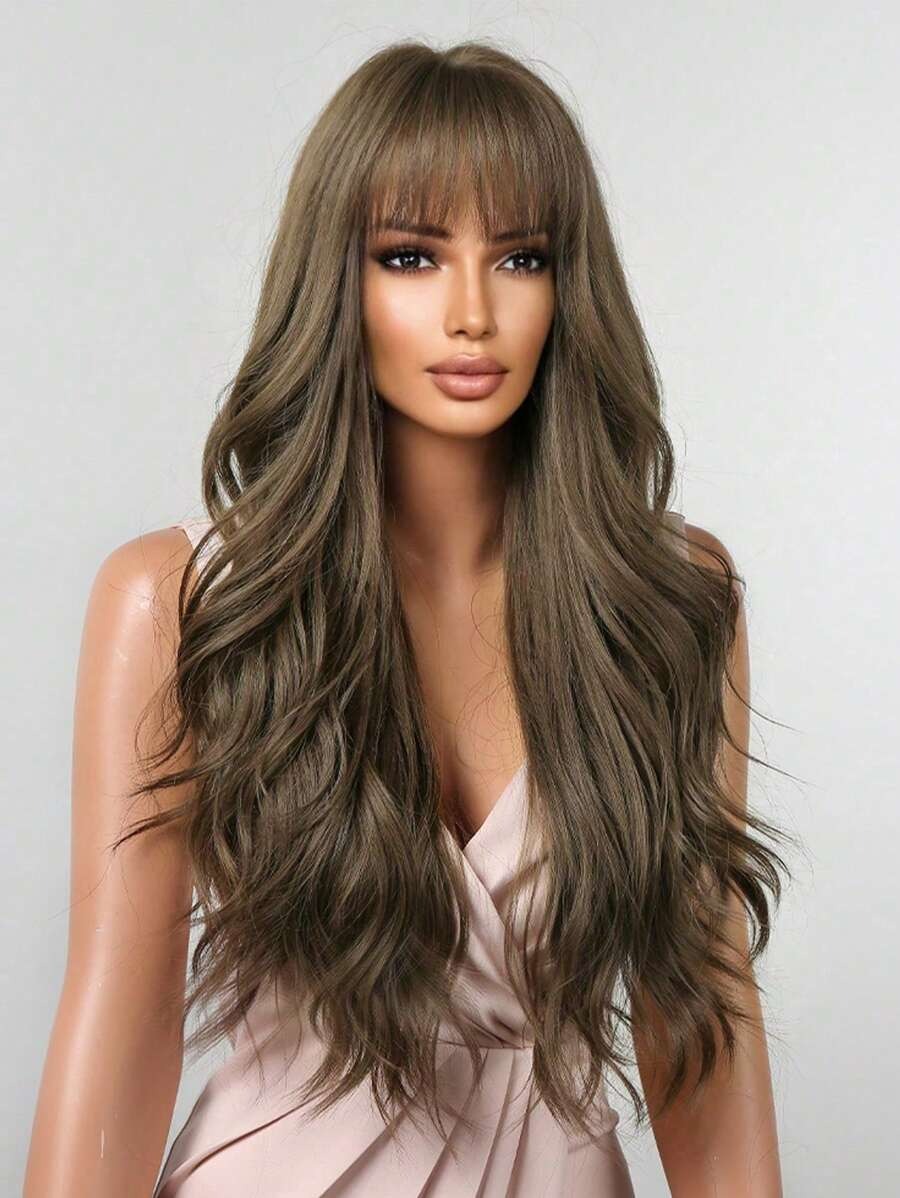 SHEIN باروكة شعر بني مجعد غرة أمامية ولمسة طبيعية ناعمة