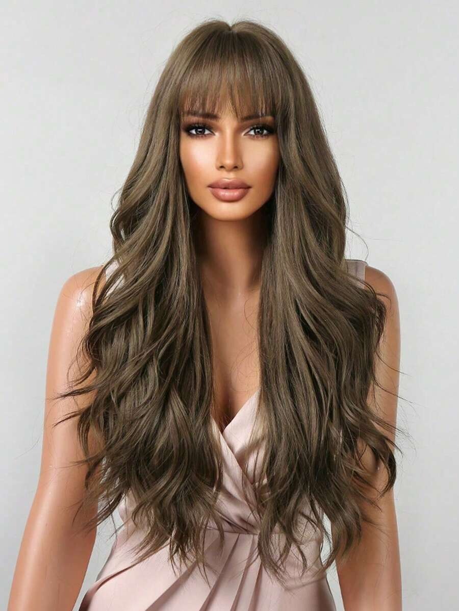 SHEIN باروكة شعر بني مجعد غرة أمامية ولمسة طبيعية ناعمة
