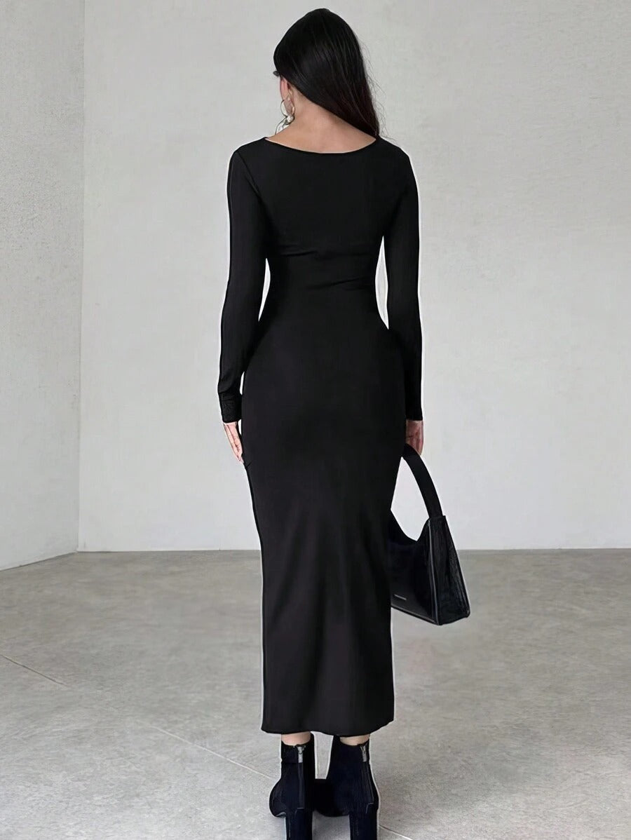 SHEIN INAWLY فستان اسود بياقة واقفة وأكمام بطيات