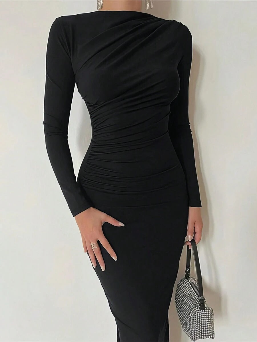 SHEIN INAWLY فستان اسود بياقة واقفة وأكمام بطيات