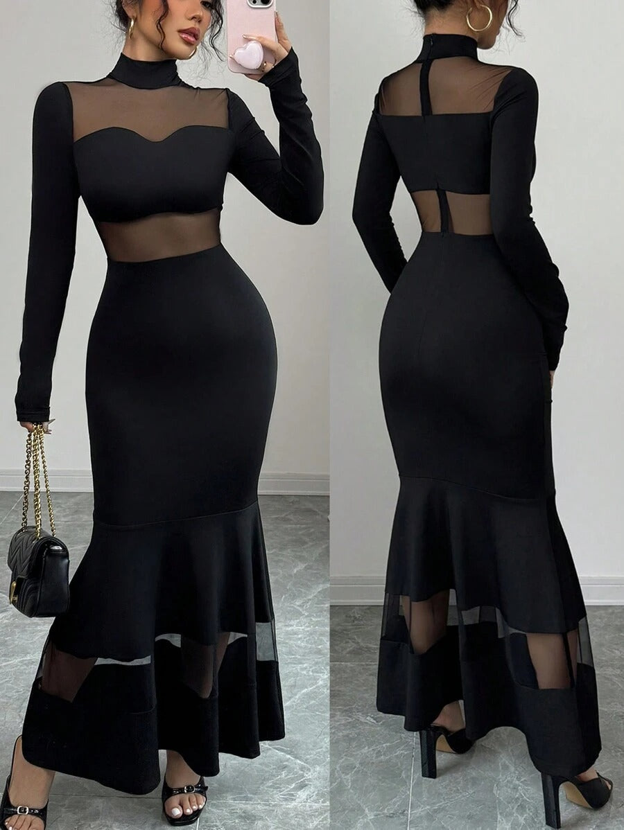 SHEIN Chiquease فستان شفاف بلون أسود بشبك مخملي