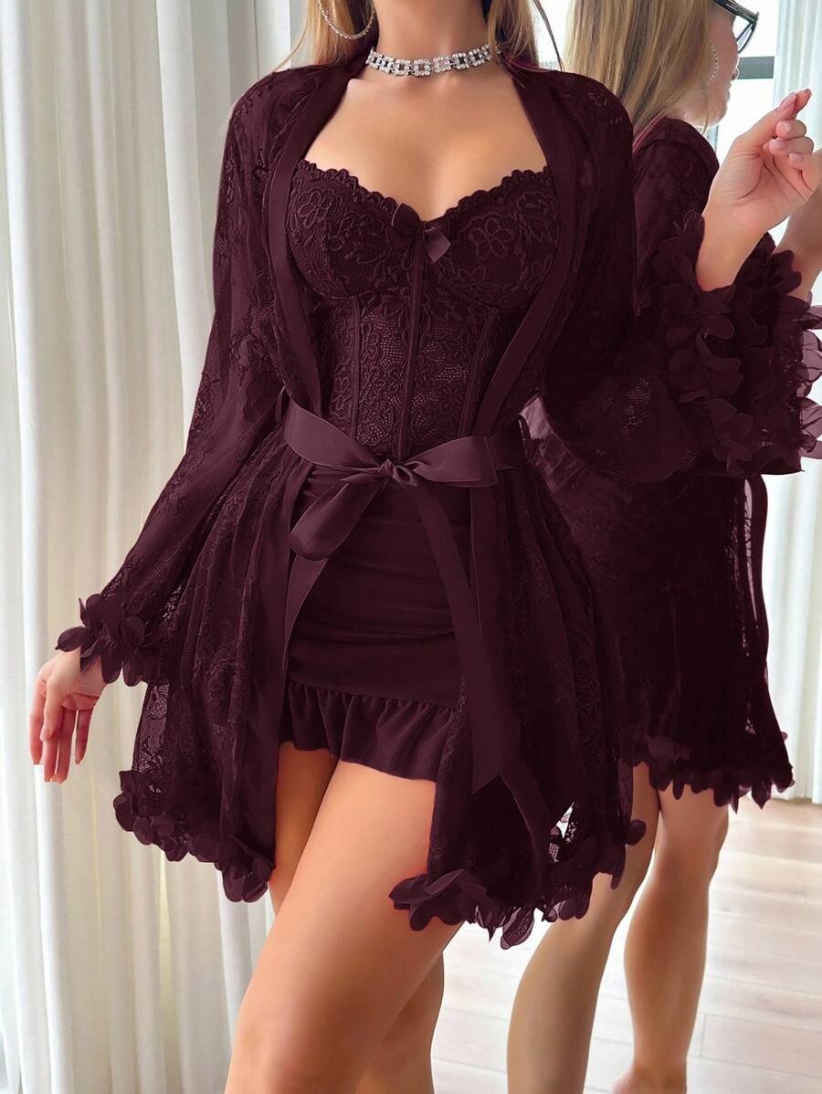 SHEIN فستان نوم وردي كستنائي مع رداء دانتيل