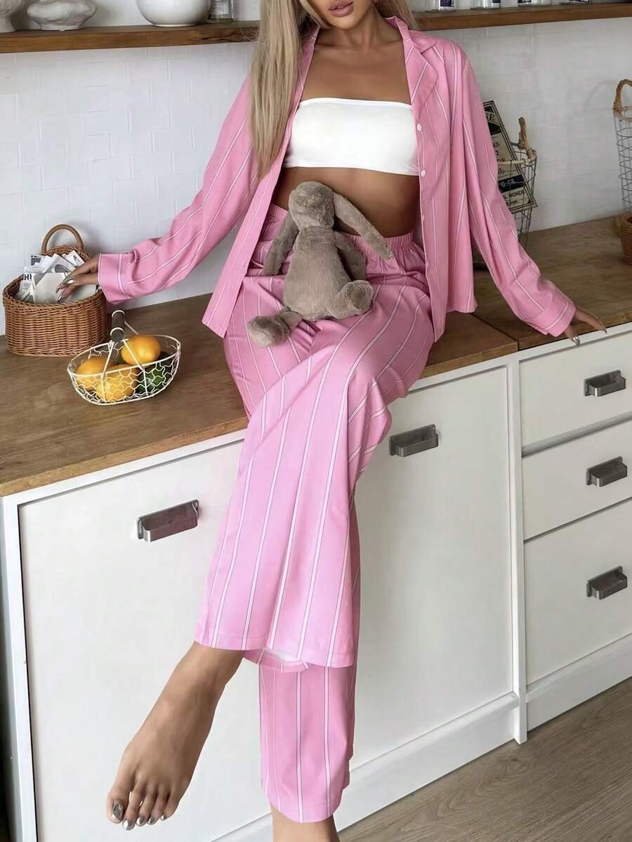SHEIN Nina Bonheur بيجامة فضفاضة مريحة من قطعتين بلون وردي بطيخي