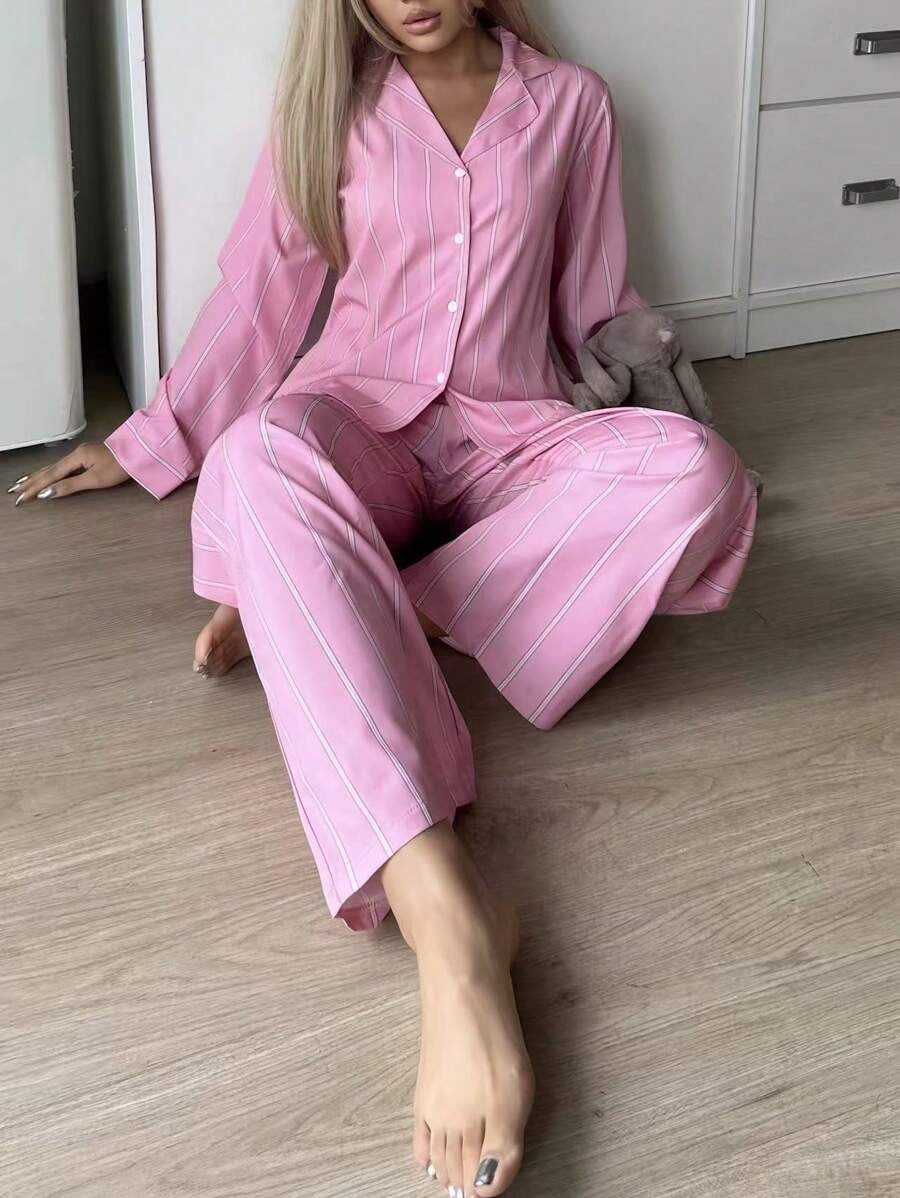 SHEIN Nina Bonheur بيجامة فضفاضة مريحة من قطعتين بلون وردي بطيخي