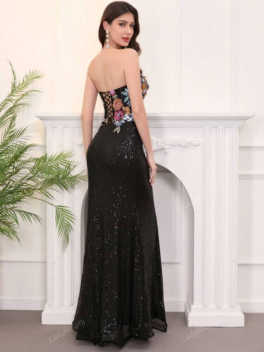 SHEIN Ladybeauty فستان سهرة طويل أسود بترتر ولمعة بتصميم ذيل السمكة