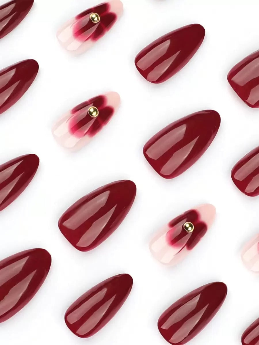 SHEIN طقم أظافر لوزية فرنسية بطبعة ورد – 24 قطعة