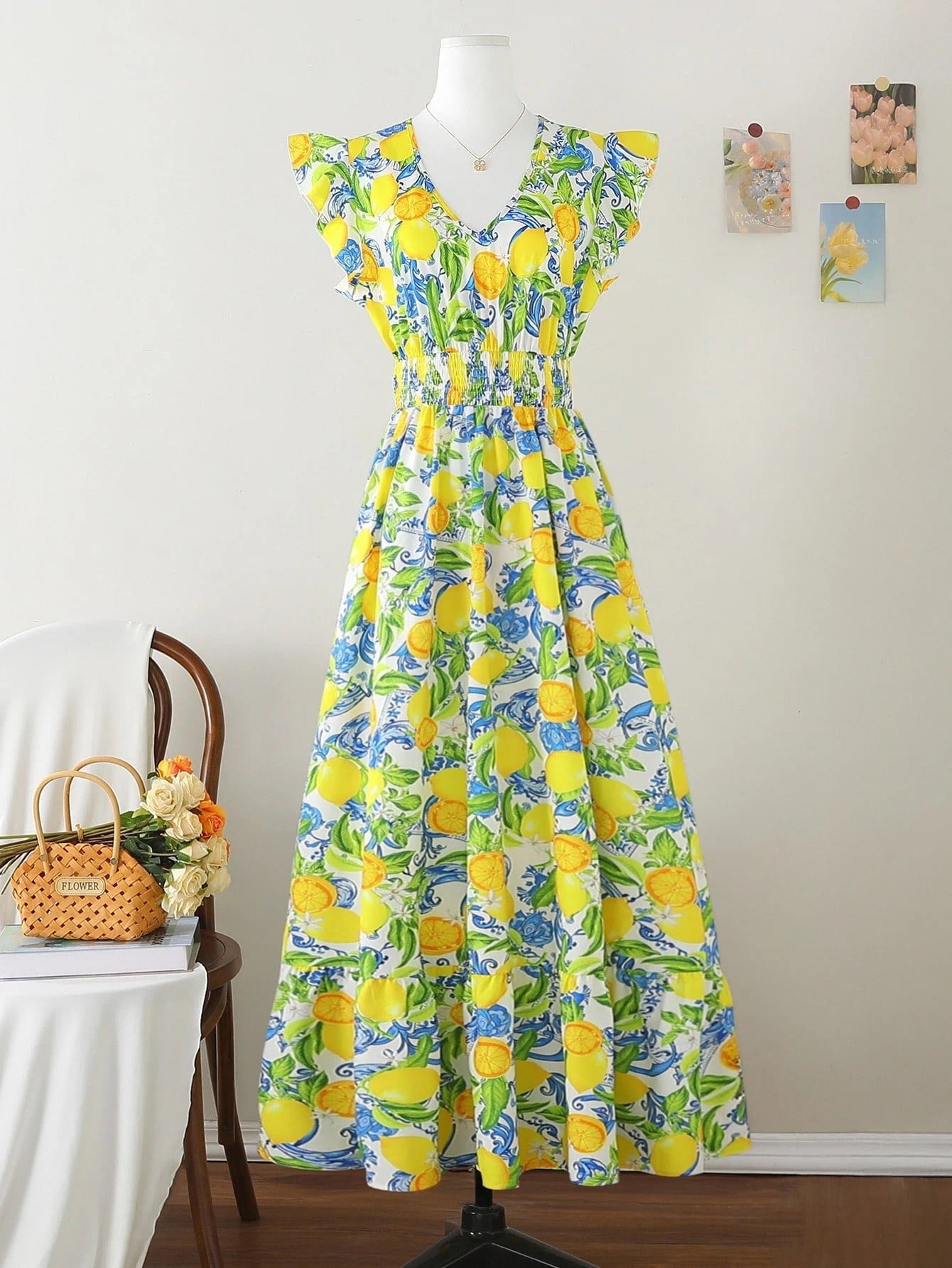 SHEIN Amorya فستان مطبوع بالكامل برسومات فواكه ونباتات