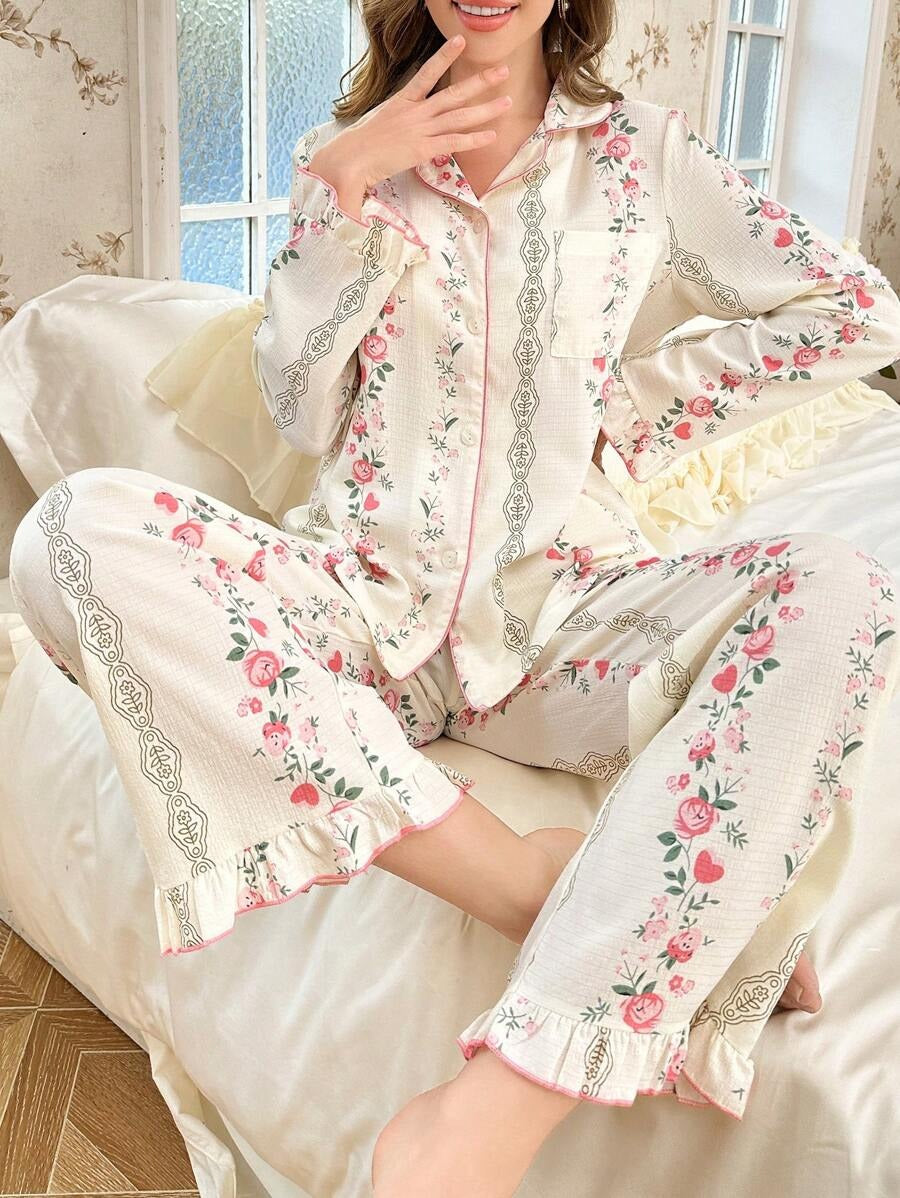 SHEIN CottageSlumber طقم بيجامة مطبوع بالورود