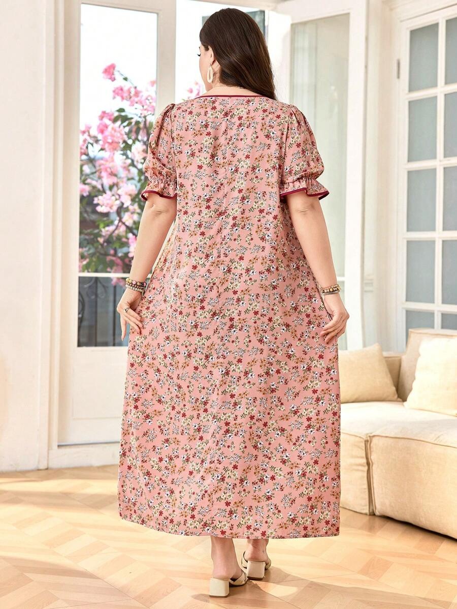 SHEIN فستان واسع بنقشة زهور برقبة مربعة وأكمام منتفخة