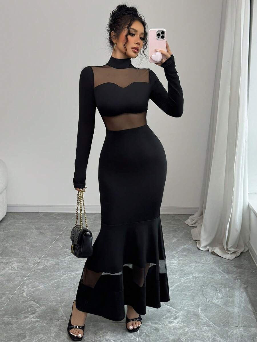 SHEIN Chiquease فستان شفاف بلون أسود بشبك مخملي