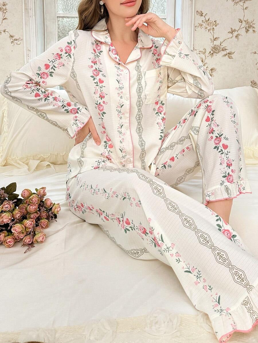 SHEIN CottageSlumber طقم بيجامة مطبوع بالورود