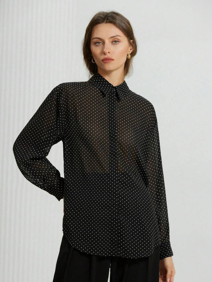 SHEIN Aveloria Modichic قميص نسائي شيفون شفاف بنقط