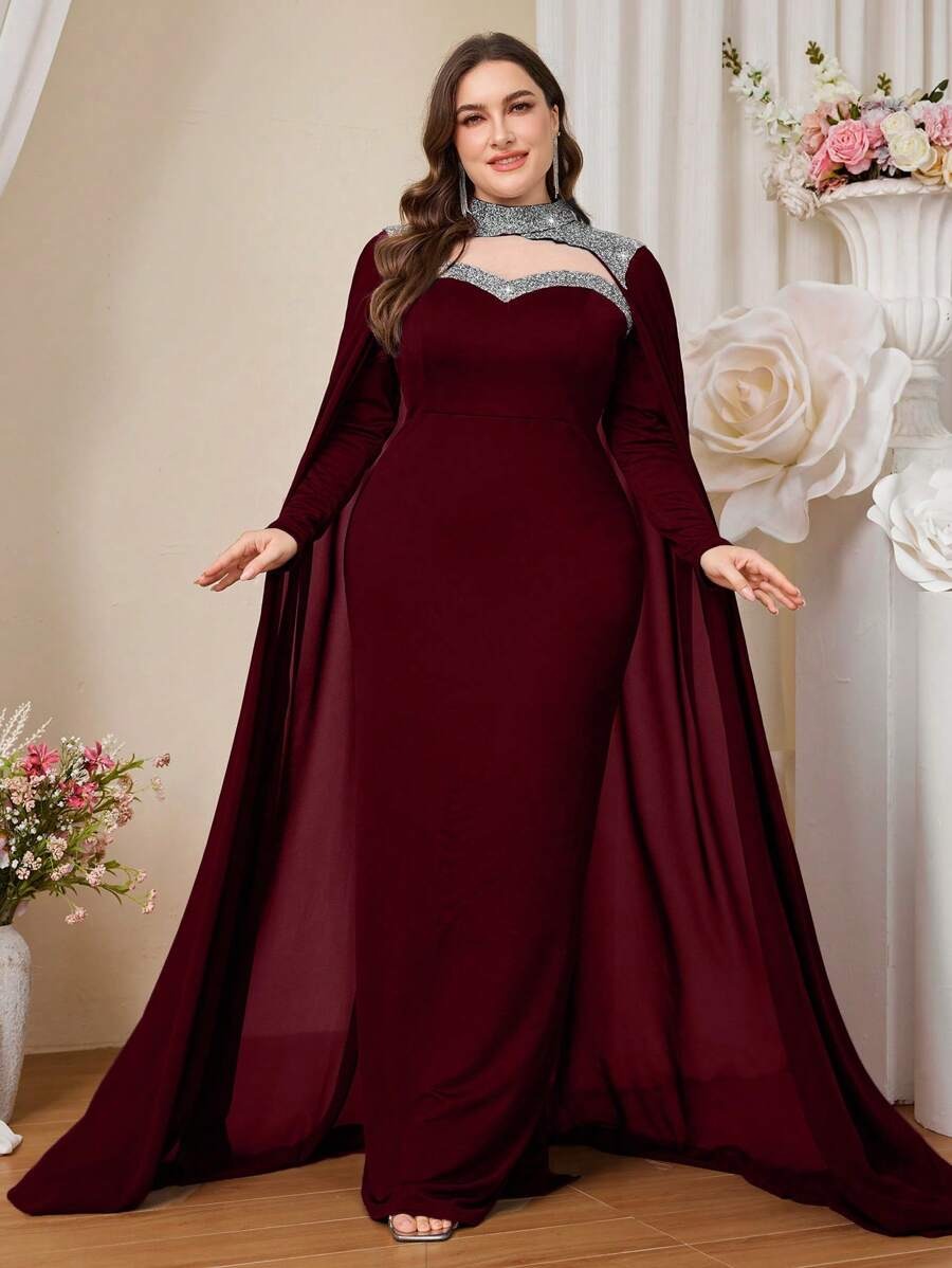 SHEIN Coutiva فستان سهرة عنابي ماكسي أنيق